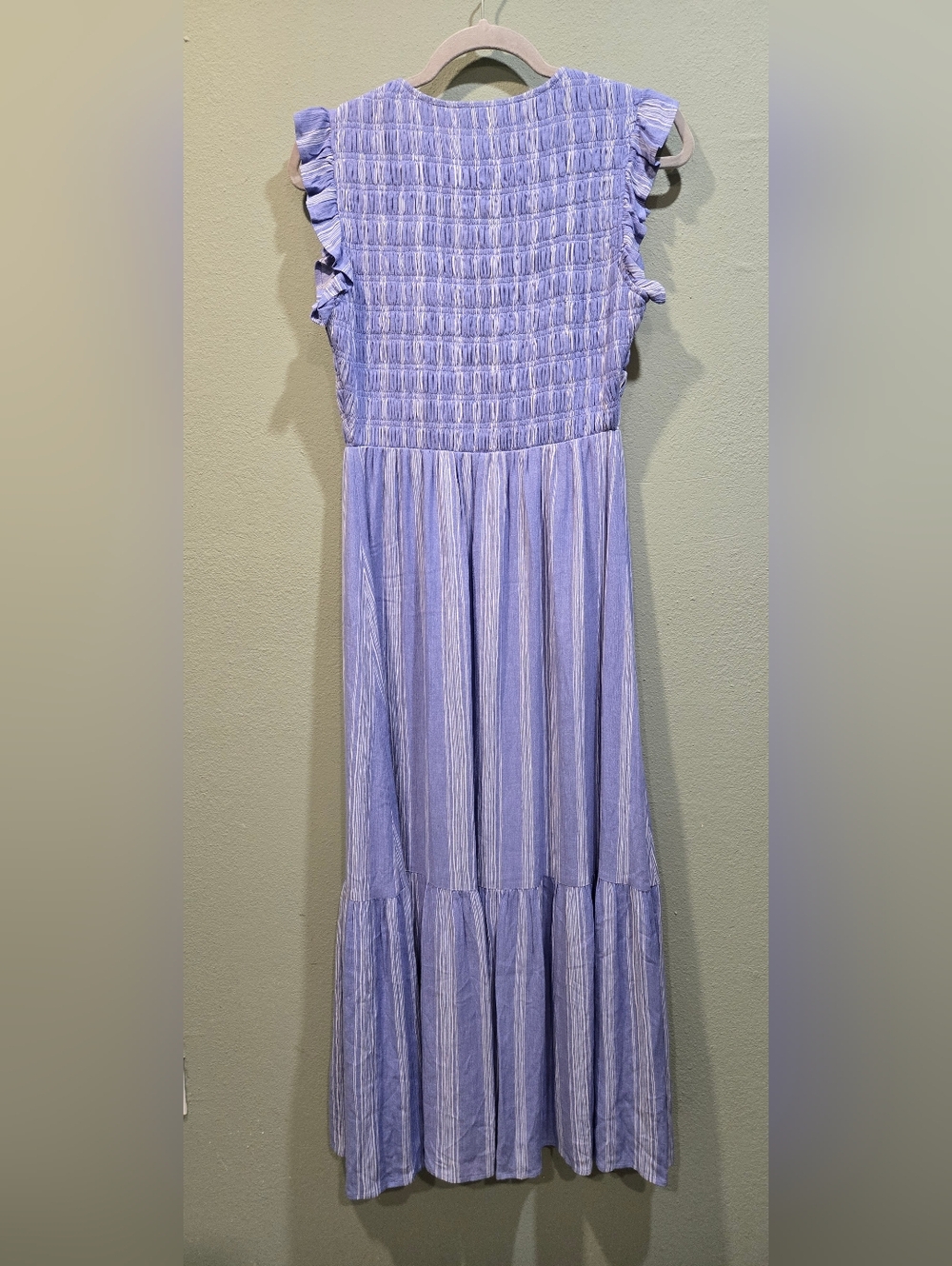 Sugarlips Evianna Flutter Midi Dress with ruched bocide — Blue Stripe Size Small - Picture 2 of 8
